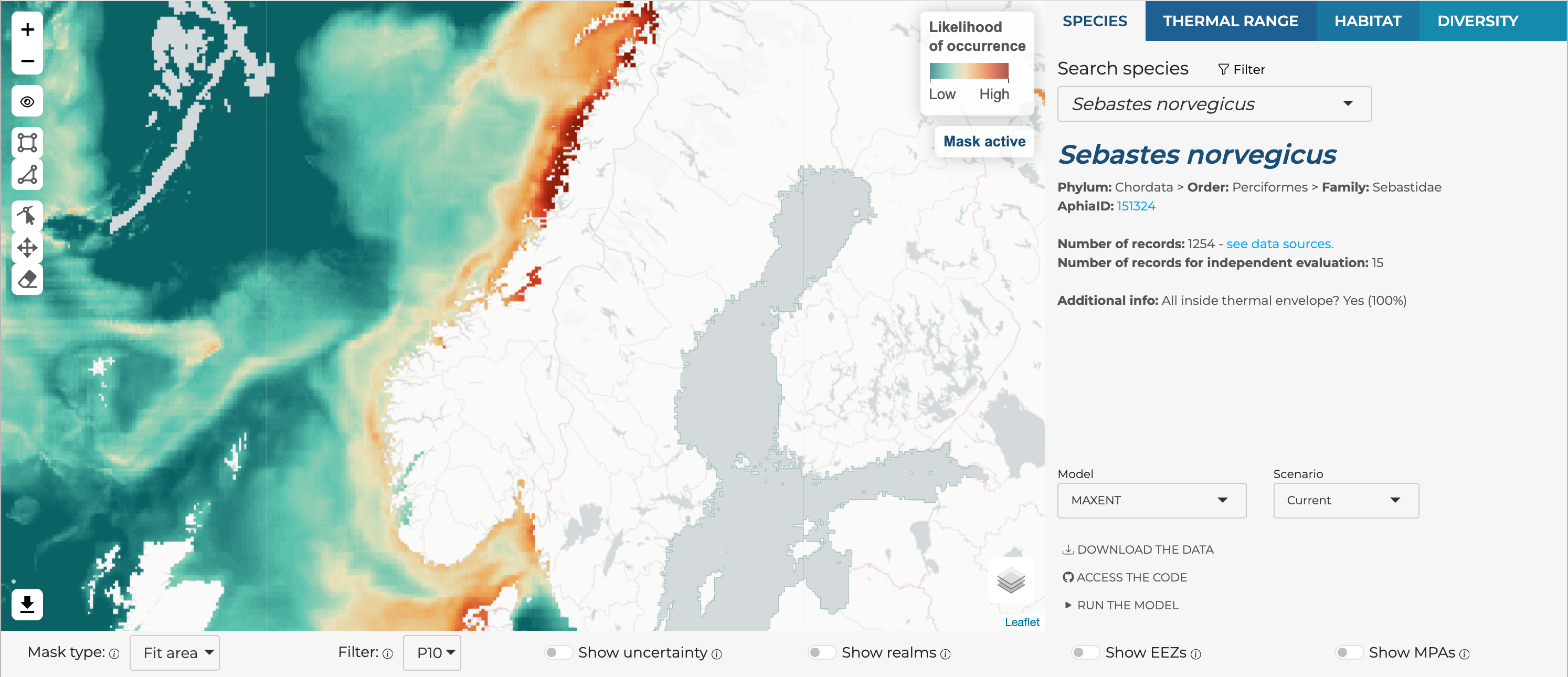 A screenshot of the Species Distribution Maps